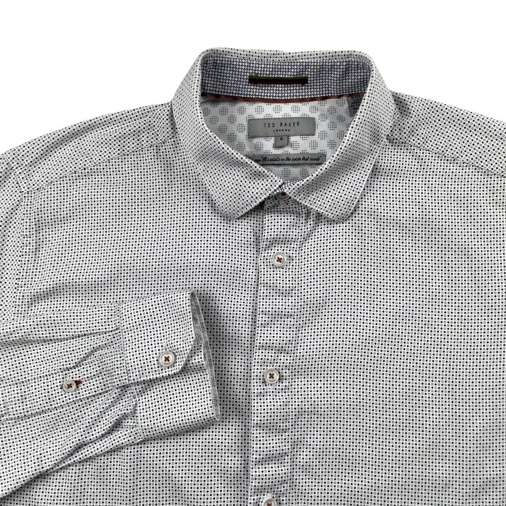 Ted Baker Mens Large (4) Button Up Shirt Geometric Micro Dot White Black EUC!‎